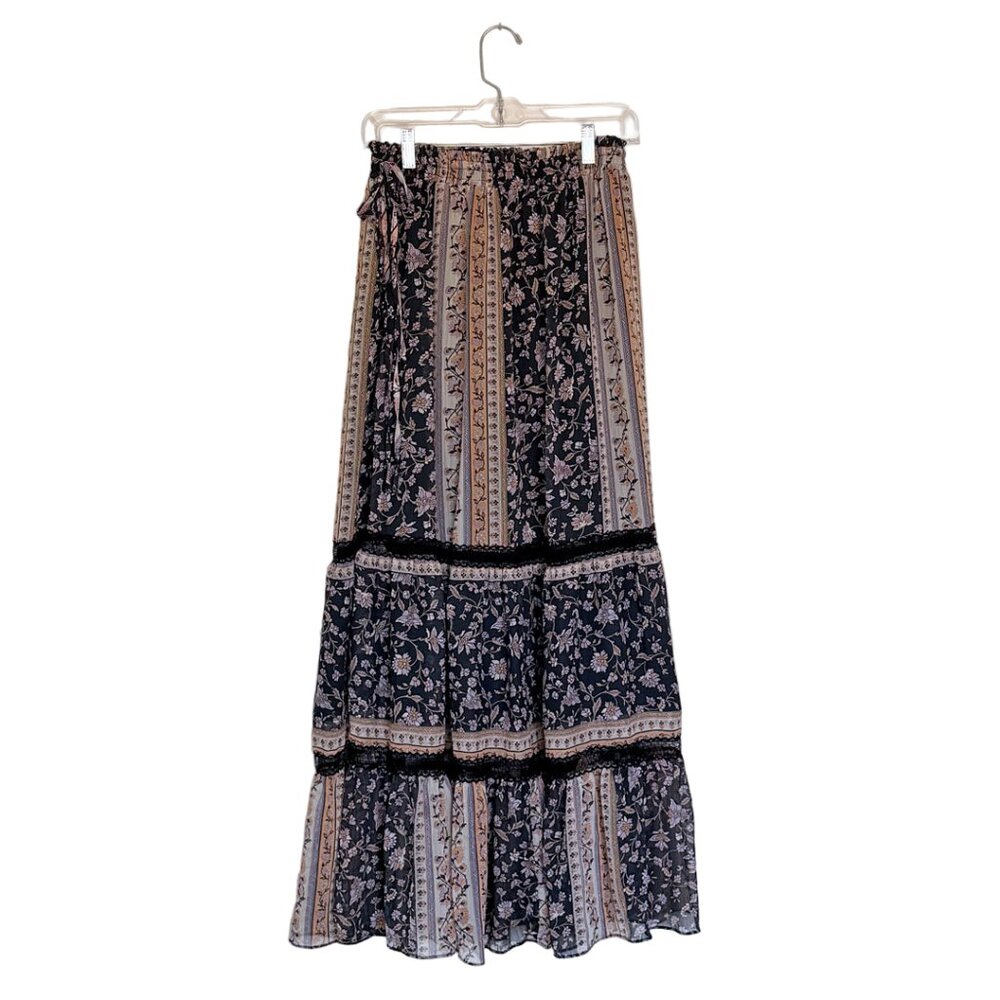 Lost + Wander Black Floral Tiered Maxi Skirt